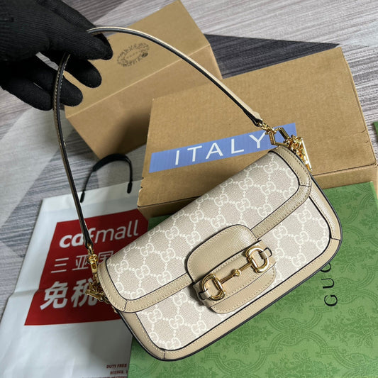 GG HORSEBIT 1955 BAG 24 IN WHITE CANVAS AND BEIGE CALFSKIN