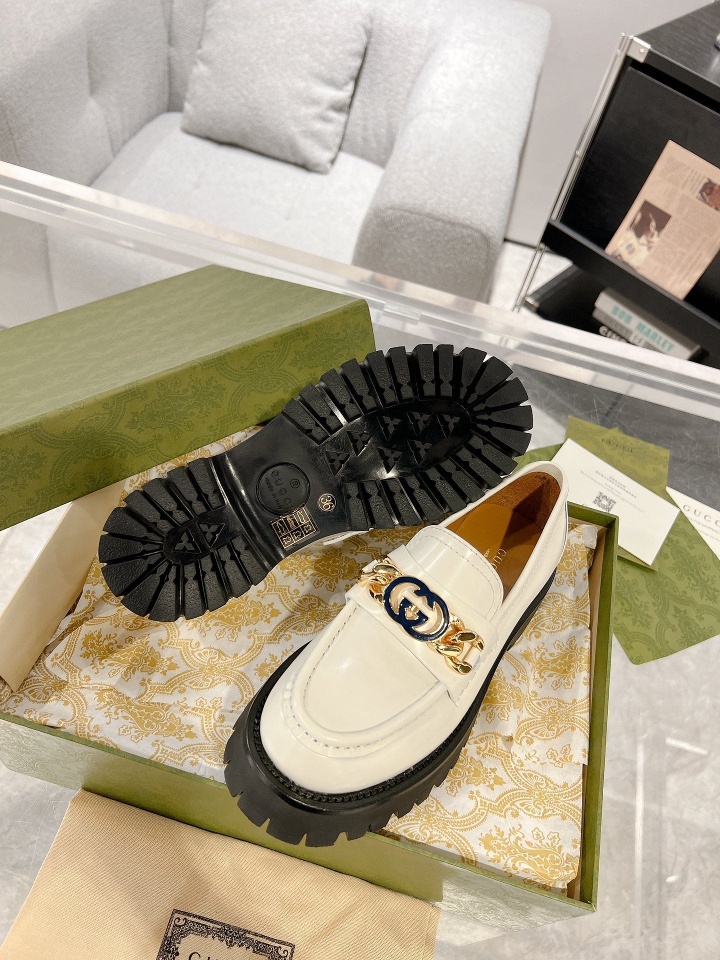 GG LOAFER WITH GG CHAINS WHITE CALFSKIN