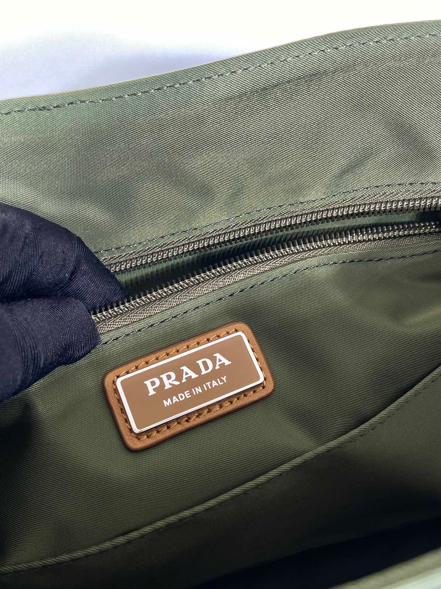 LARGE FLAP BAG 30 IN SEAWEED GREEN RE-NYLON AND BROWN CALFSKIN TRIM