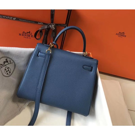 HERM Kelly 25cm Retourne Bag In Agate Blue Clemence Leather