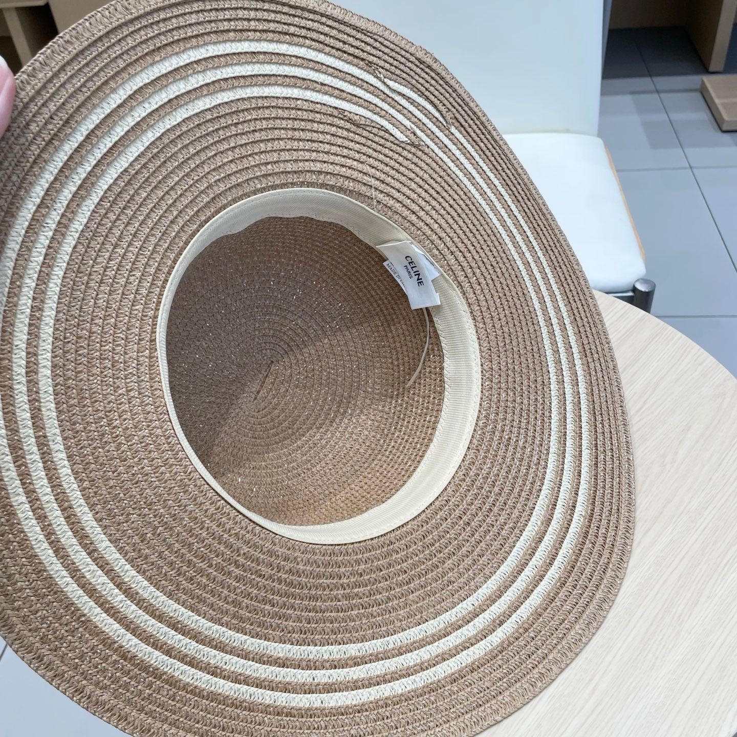 WIDE BRIM HAT MODEL 650409 IN BROWN WITH CREAM STRIPES WOVEN STRAW