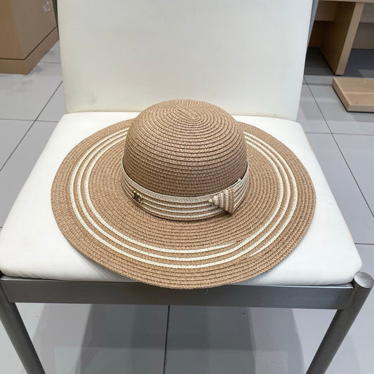 WIDE BRIM HAT MODEL 650409 IN BROWN WITH CREAM STRIPES WOVEN STRAW