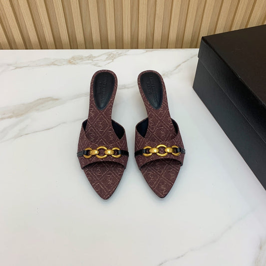 SL CHAIN ATTACH HEELED MULES BROWN DENIM