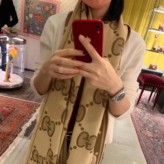 DOUBLE-SIDED SCARF 200 CM IN COFFEE AND TAN BROWN WOOL AND SILK 398287