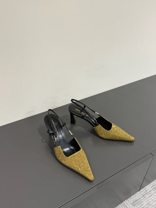 HIGH SLINGBACKS POINTED-TOE IN METALLIC GOLD LAMBSKIN WITH CRYSTALS