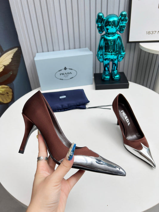 HIGH POINTED-TOE PUMPS IN CHOCOLATE MIX SILVER SATIN
