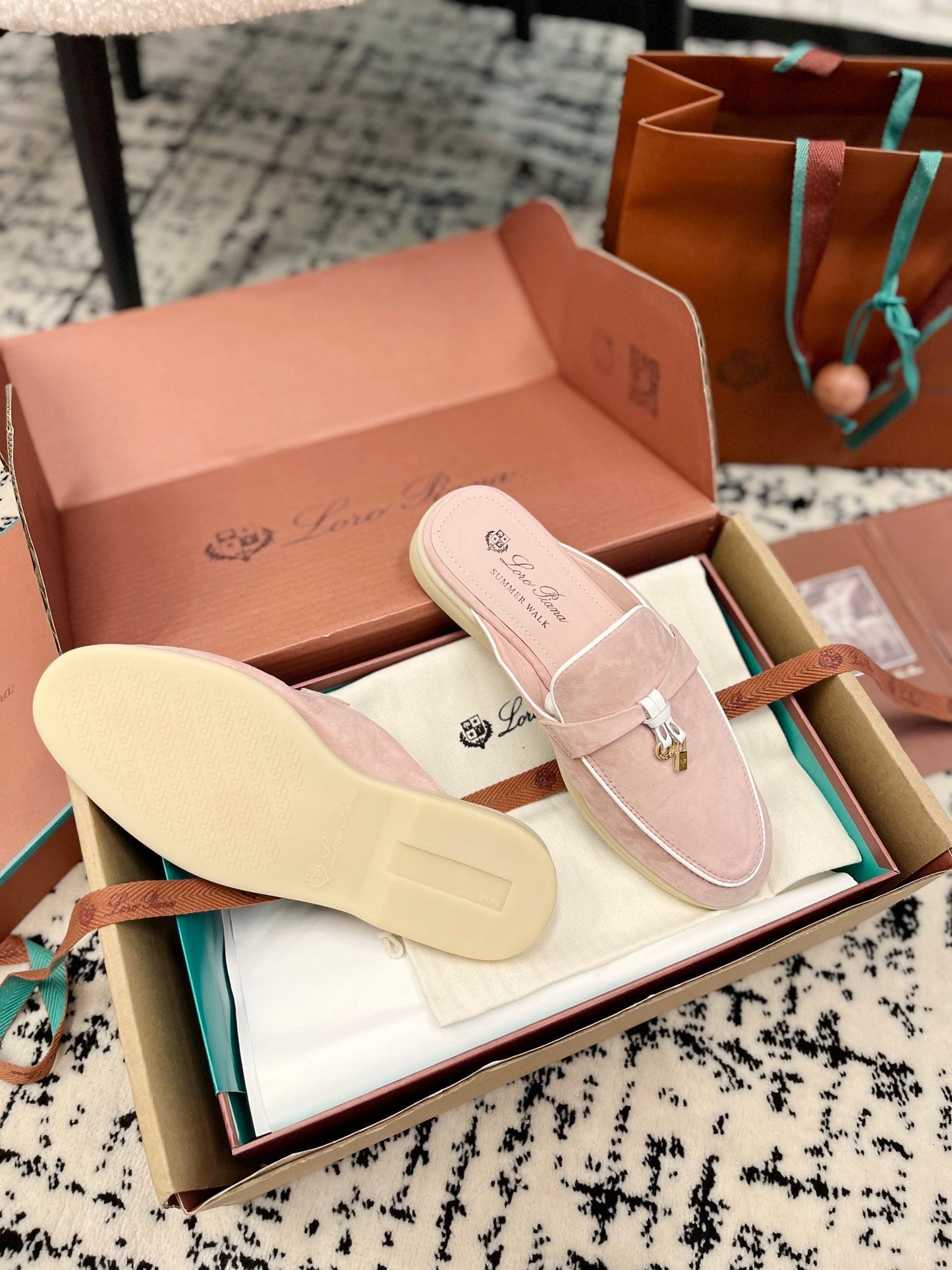 Loro Piana Light Pink White Suede Charms Walk Flat Mules