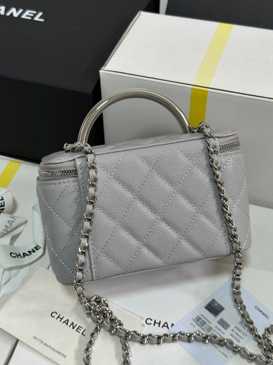 MINI VANITY TOP HANDLE CASE 17 IN GREY CAVIAR SKIN SILVER-TONE PLATED METAL