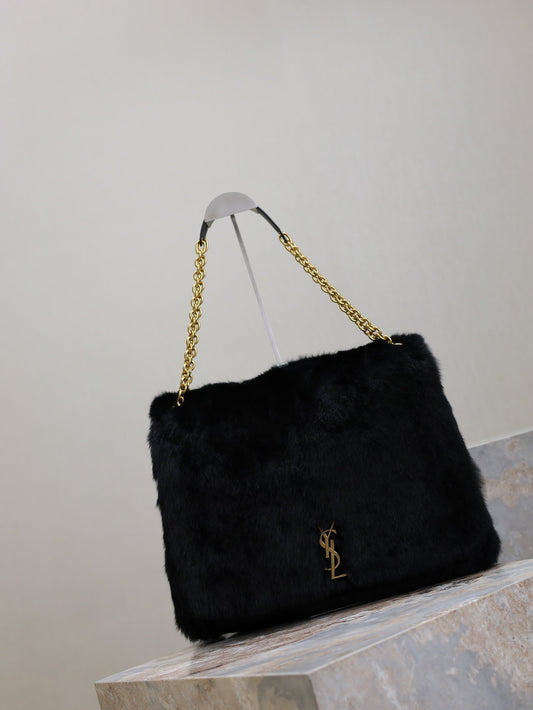 JAMIE 4.3 LARGE BAG 43 IN BLACK LAMB FUR GOLD HARDWARE