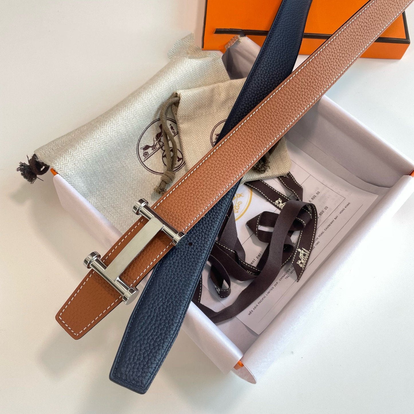 H AGORA BELT 32MM DARK BLUE BROWN LEATHER