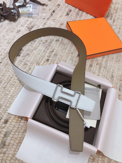 H TONIGHT BELT 38MM WHITE ETOUPE LEATHER