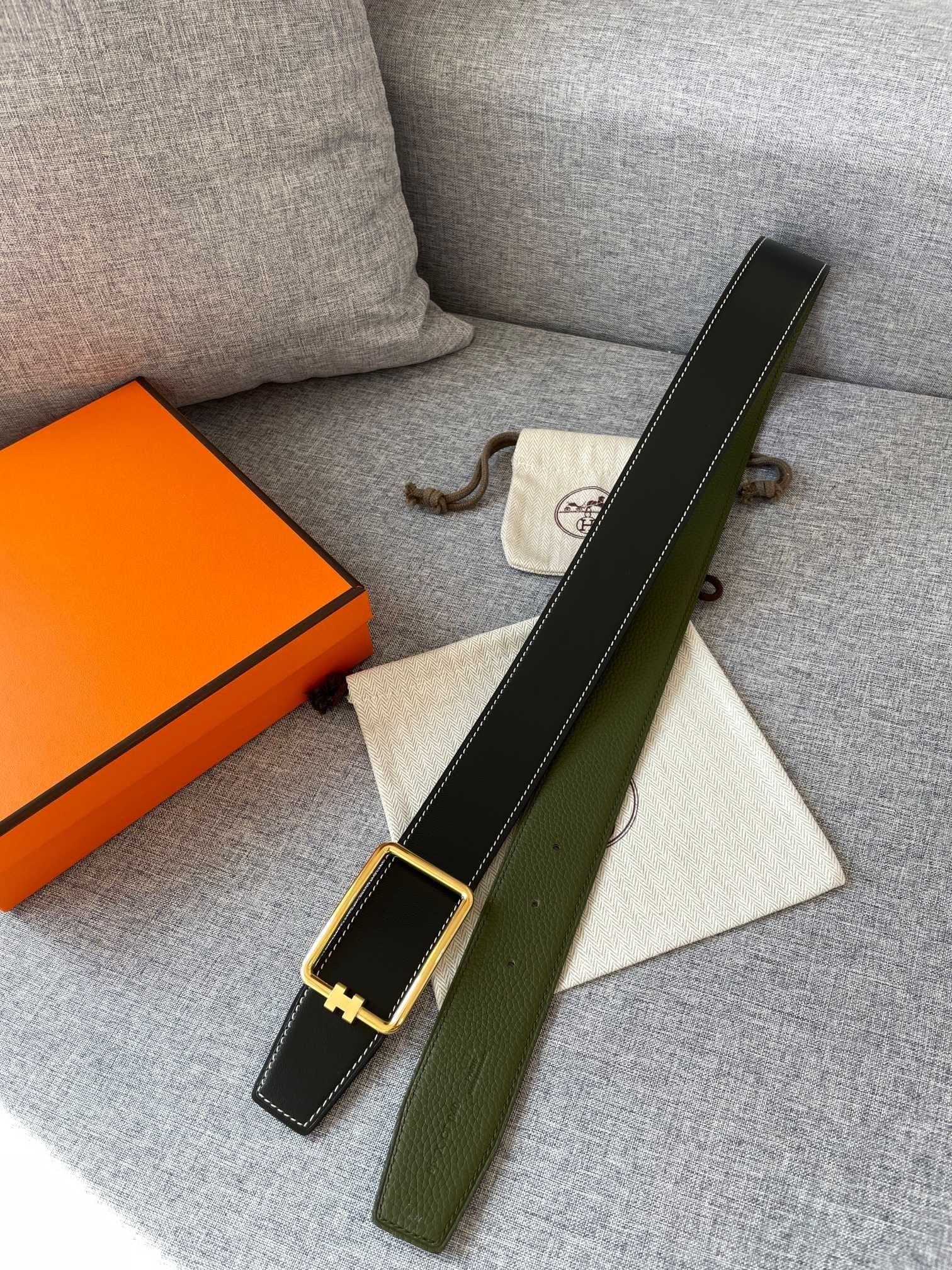 H TUBE BELT 38MM GOLD BUCKLE GREEN BLACK LEATHER