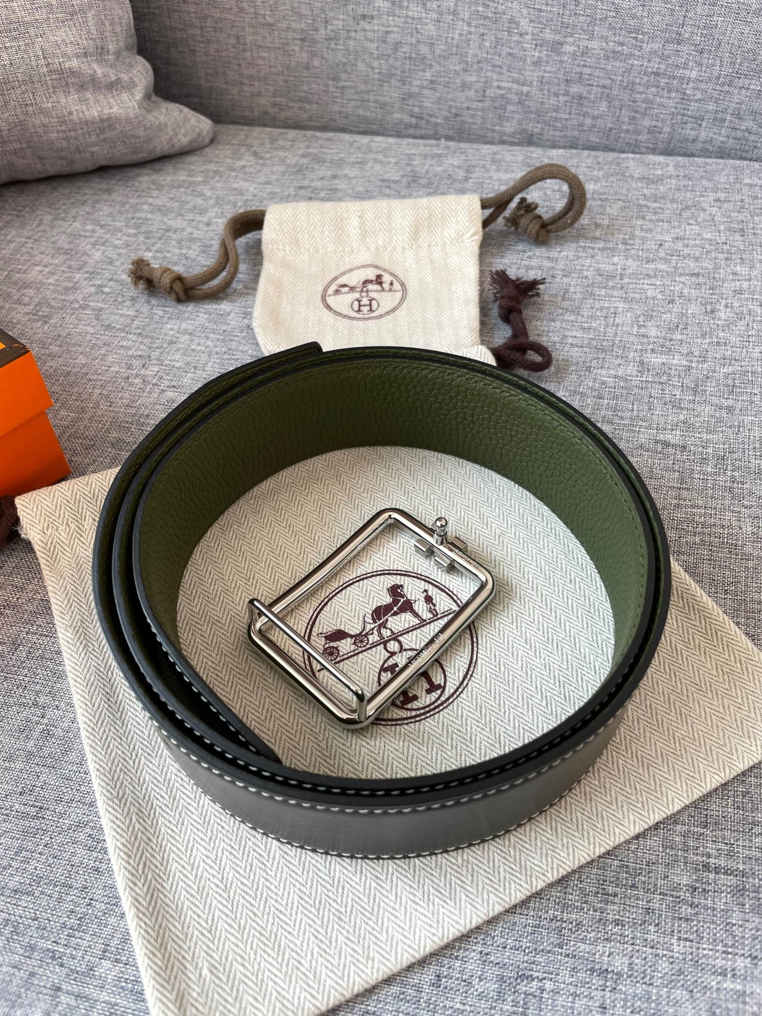 H TUBE BELT 38MM SILVER BUCKLE GREEN BLACK LEATHER