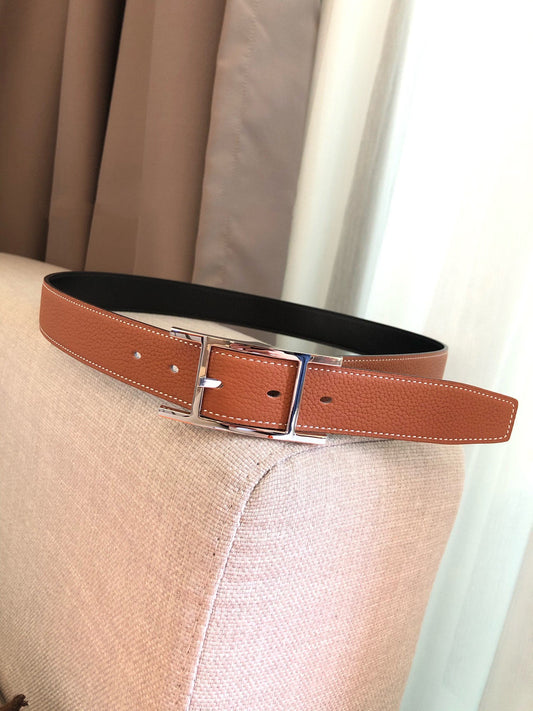 H BELT SILVER BUCKLE BROWN BLACK LEATHER REVERSIBLE 3.2CM