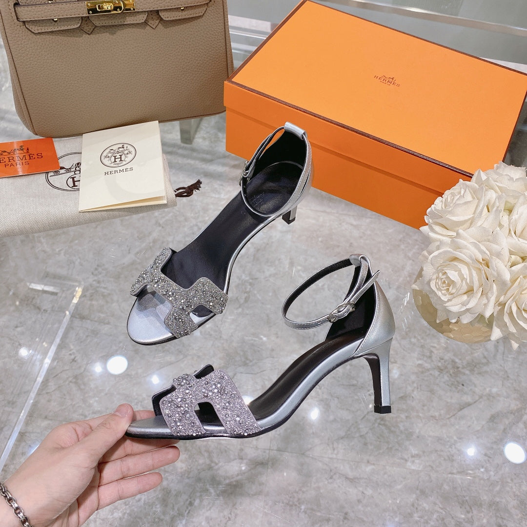 PREMIERE 70 SANDAL IN SILVER CALFSKIN WITH WHITE CRYSTALS