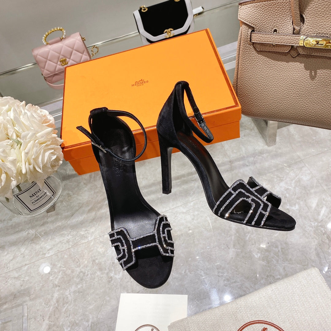 PREMIERE 105 SANDAL IN BLACK SUEDE WITH RHINSTONES
