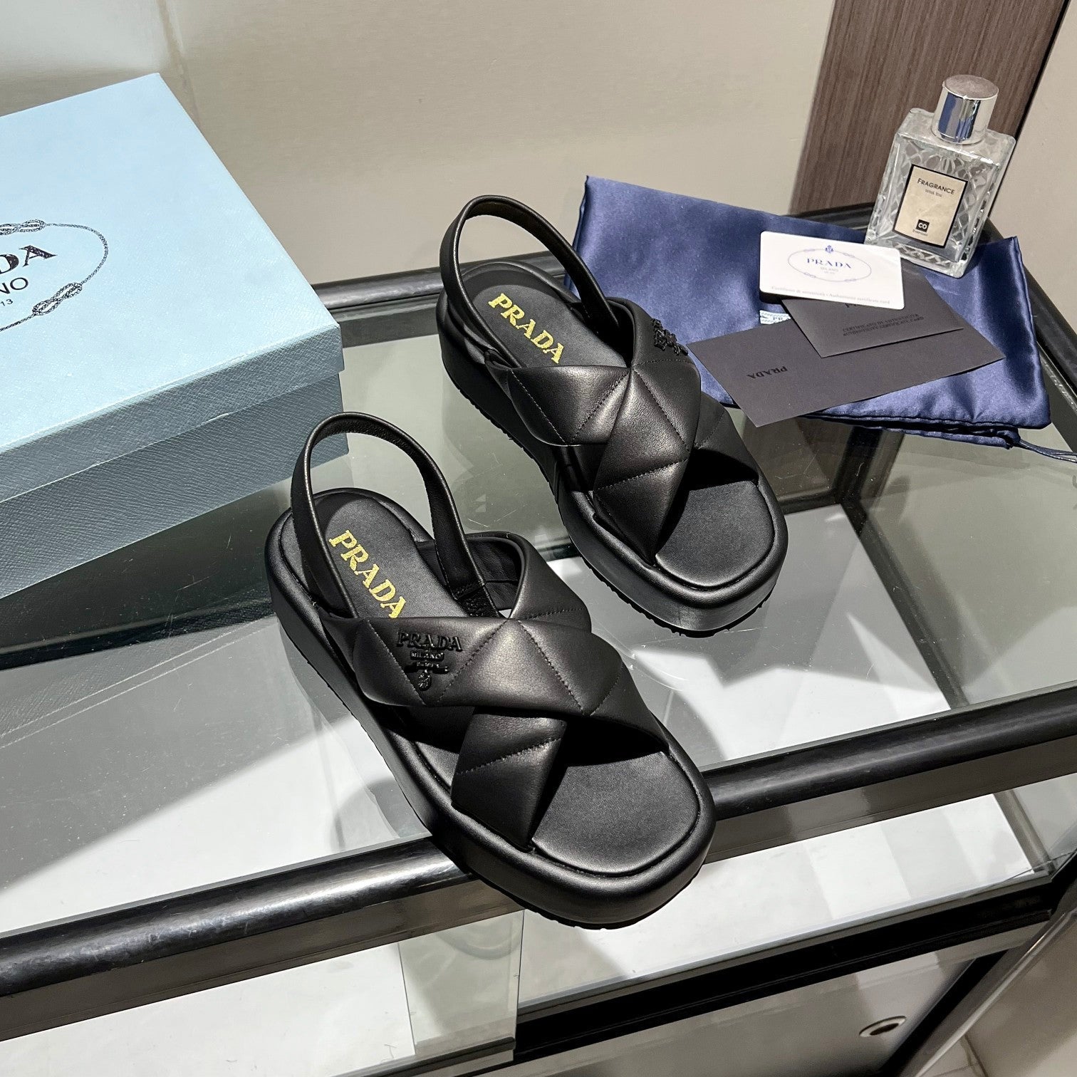 PRA PADDED CRISSCROSS SANDALS BLACK LAMBSKIN