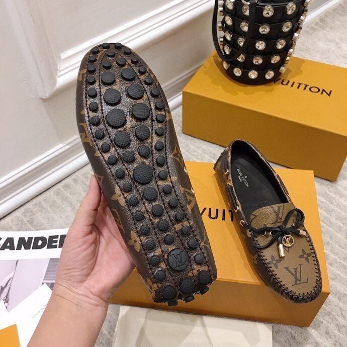 LV WOMEN'S DRIVER MOCCASIN IN CAMEL BROWN MONOGRAM CALFSKIN