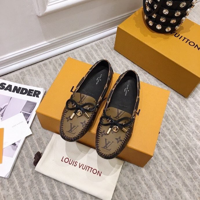 LV WOMEN'S DRIVER MOCCASIN IN CAMEL BROWN MONOGRAM CALFSKIN