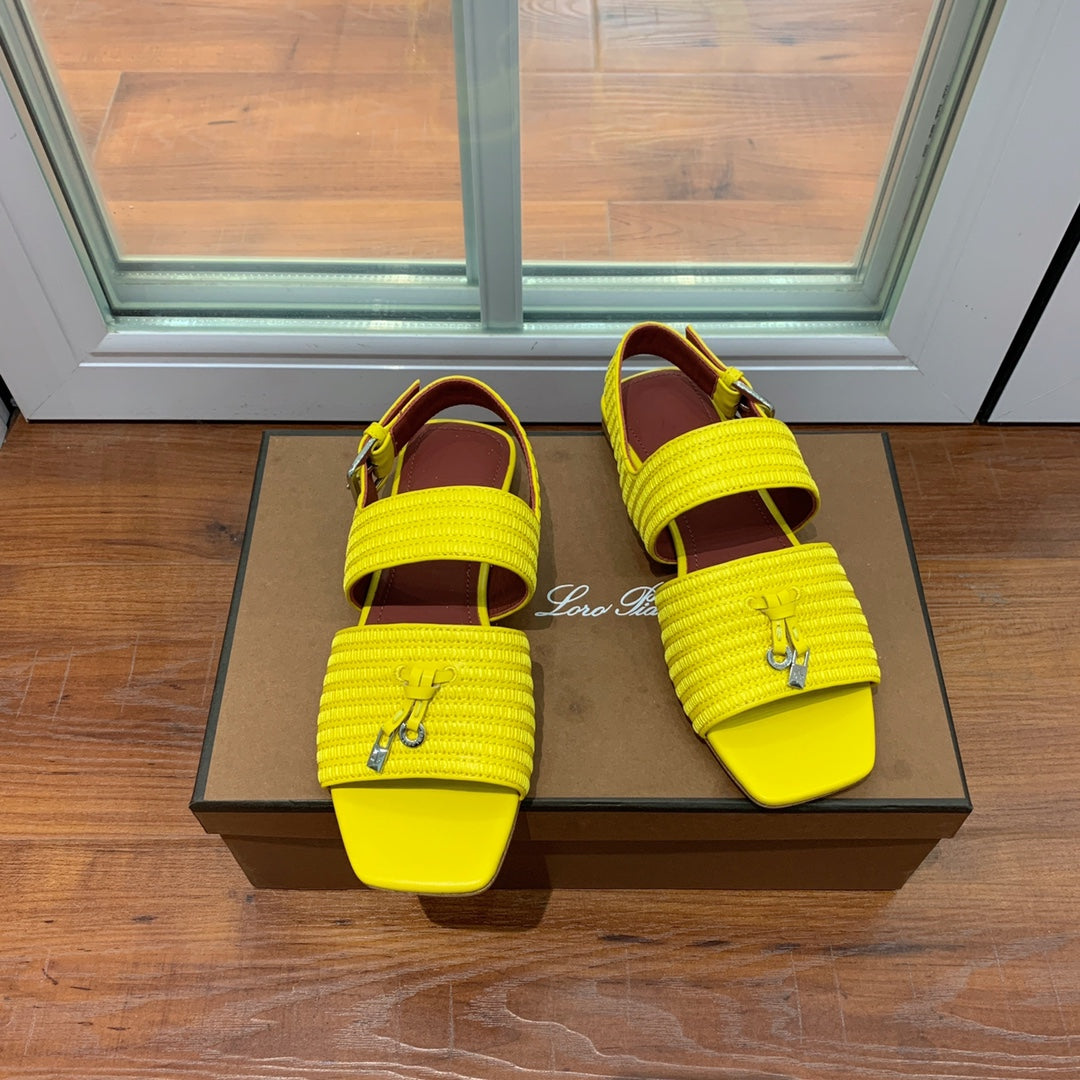 LP RAFFIA CHARMS STRAP FLATS SANDAL LEMON CALFSKIN