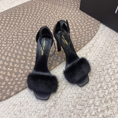 HIGH HEELS SQUARE TOE IN BLACK MINK FUR