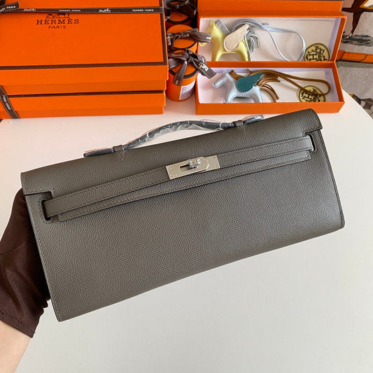 KELLY CUT 31 IN WOOD BROWN CALFSKIN WITH SILVER HARDWARE