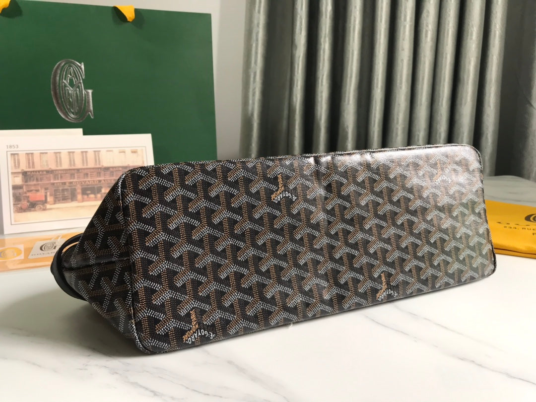 CHIEN GRIS BAG 33 IN BLACK GOYARDINE CANVAS AND TAN CALFSKIN TRIM
