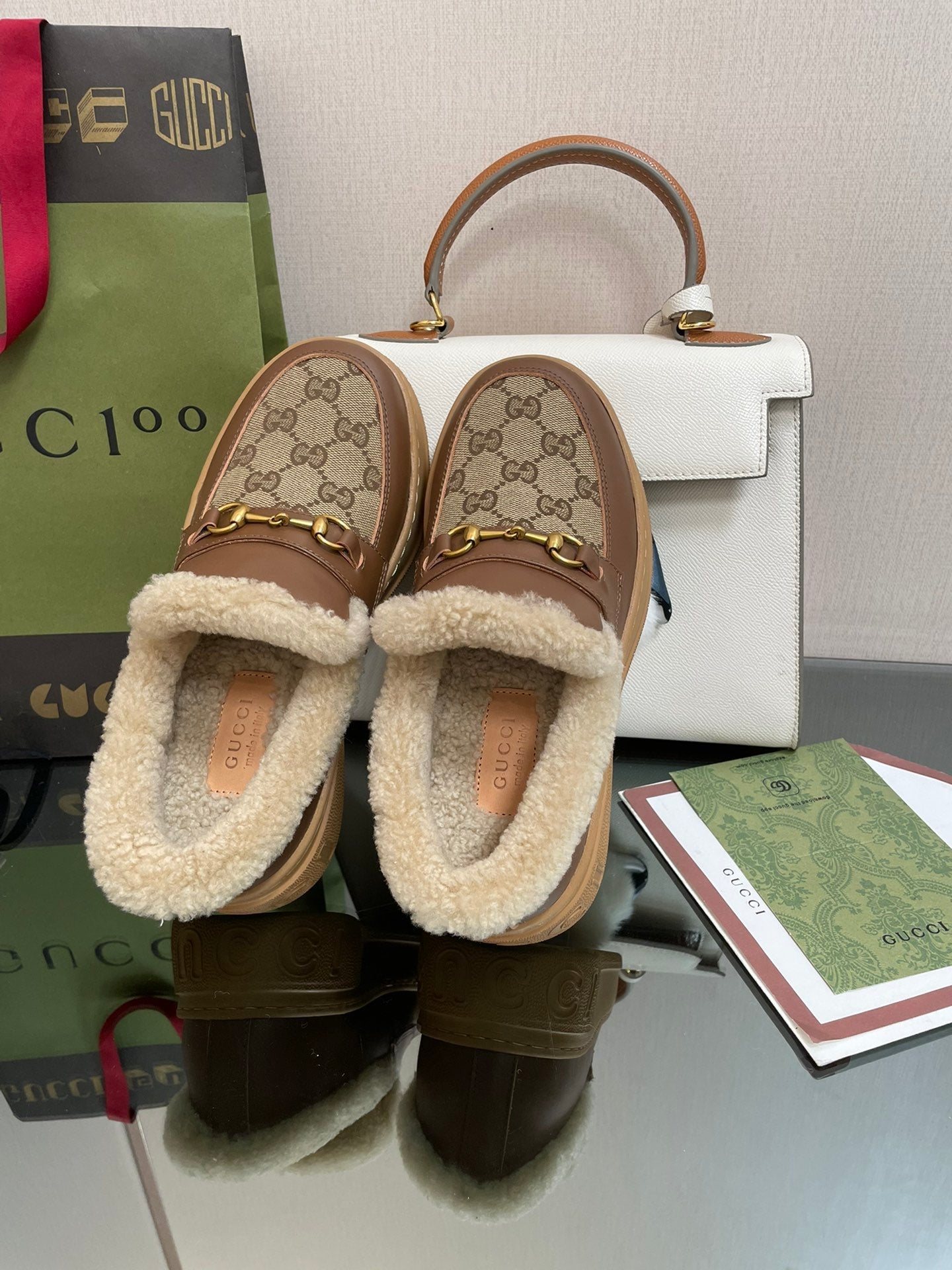 GG LOAFER IN PEANUT BROWN JACQUARD AND CHOCOLATE BROWN CALFSKIN WITH BEIGE WOOL LINING
