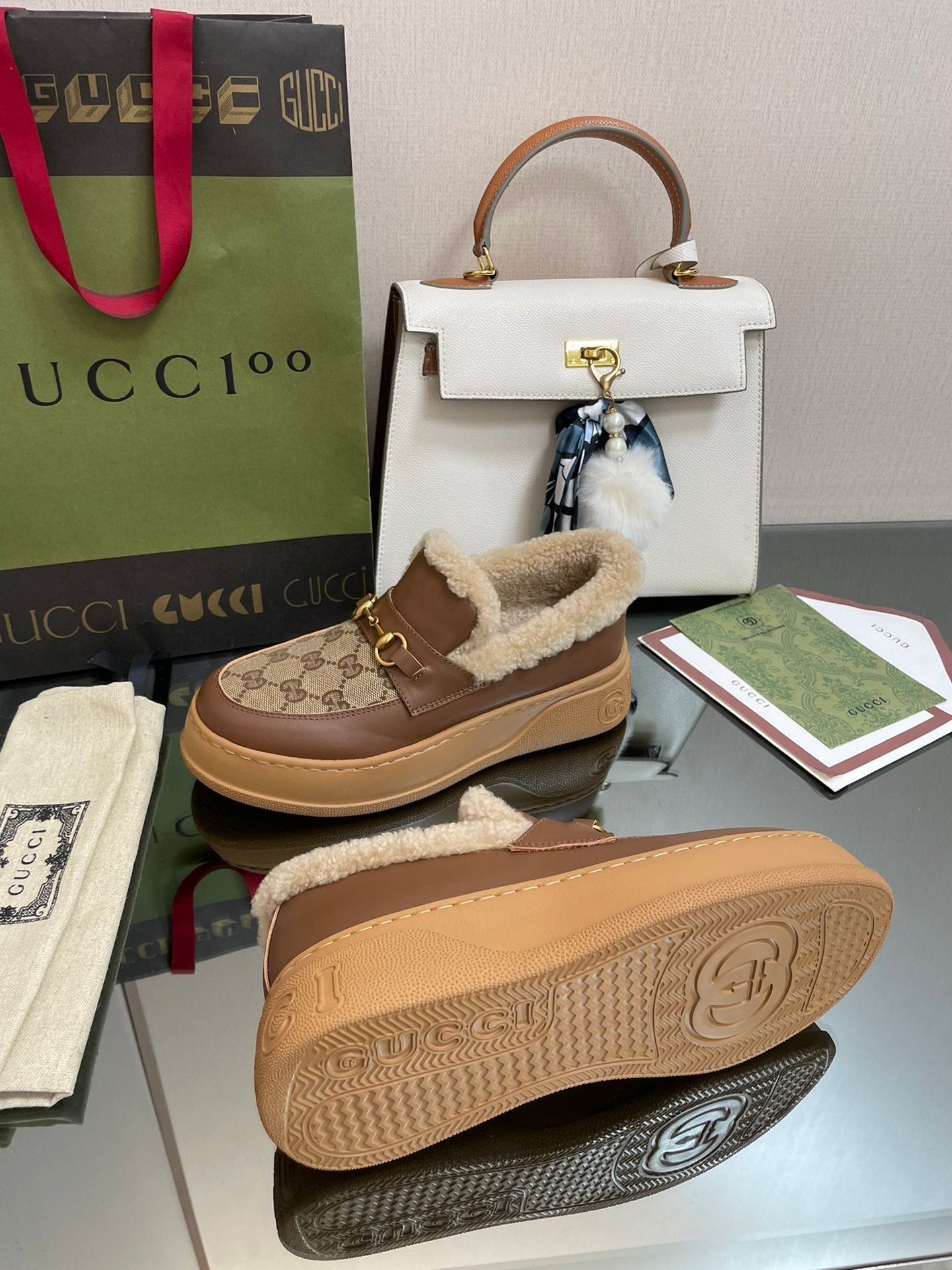 GG LOAFER IN PEANUT BROWN JACQUARD AND CHOCOLATE BROWN CALFSKIN WITH BEIGE WOOL LINING