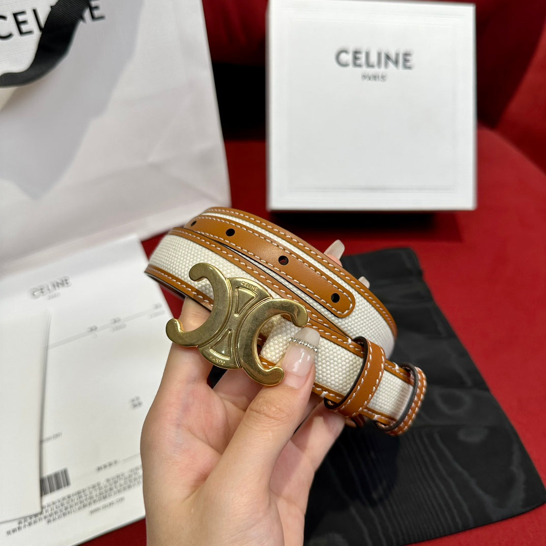 TRIOMPHE BELT 25MM REVERSIBLE IN WHITE FABRIC AND BROWN CALFSKIN WITH GOLD BUCKLE