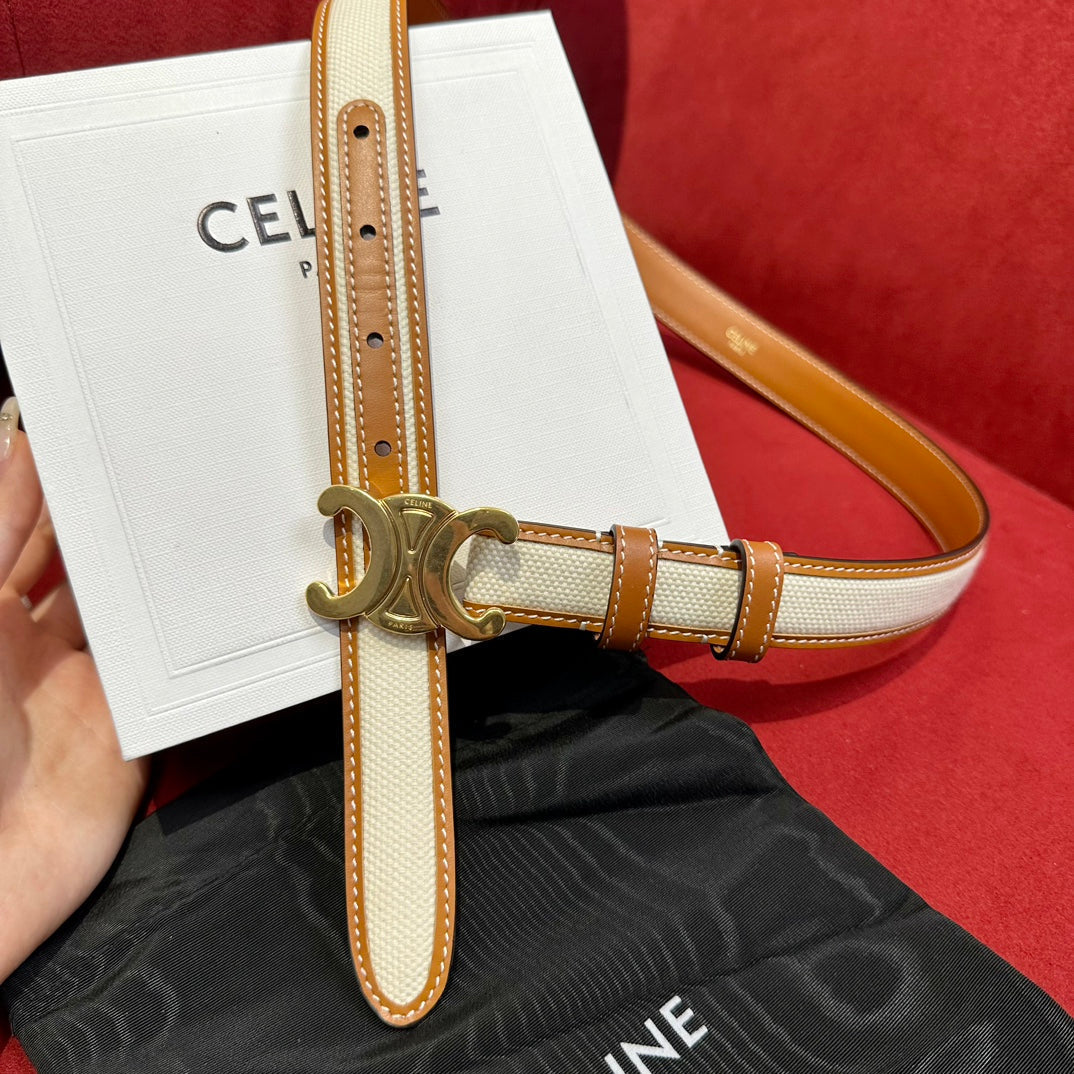 TRIOMPHE BELT 25MM REVERSIBLE IN WHITE FABRIC AND BROWN CALFSKIN WITH GOLD BUCKLE