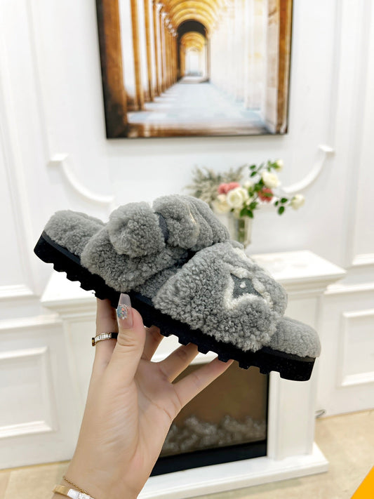 DAD SANDAL MULE IN SHADOW GRAY MIX WHITE FLEECE