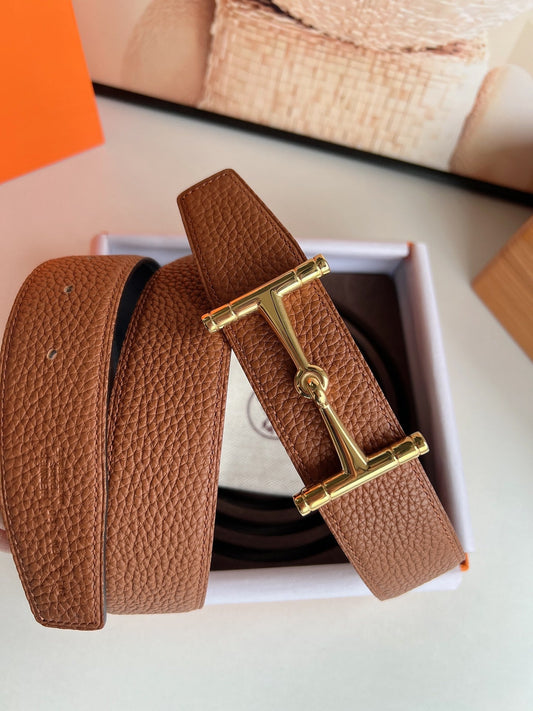 HM JUMBO BELT BUCKLE & REVERSIBLE CIDER ORANGE AND BLACK LEATHER STRAP 38 MM GOLD HARDWARE