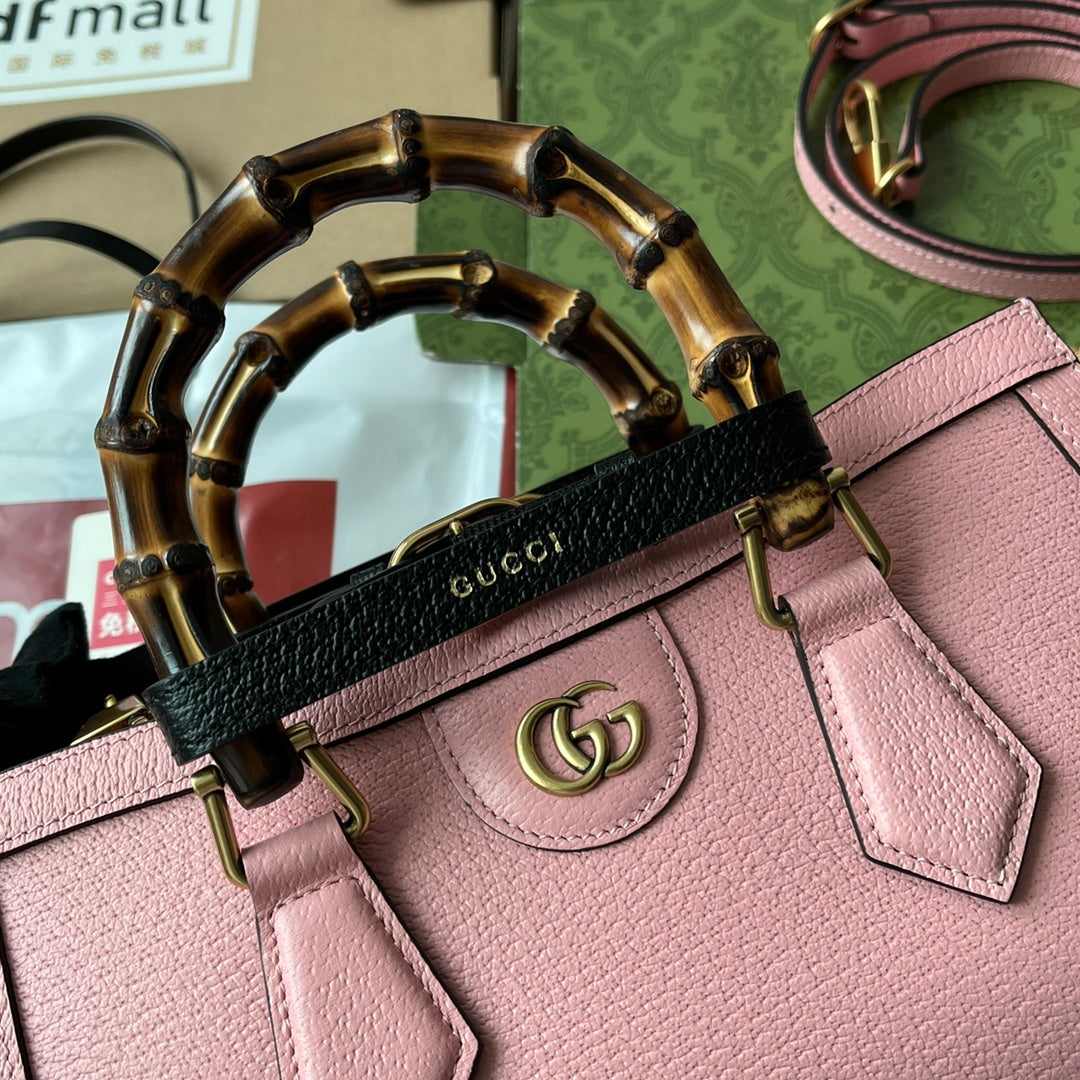 DIANA MEDIUM TOTE BAG 27 IN PINK CALFSKIN BAMBOO HANDLES