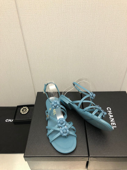 FLORAL FLAT SANDAL IN SAPPHIRE BLUE LAMBSKIN