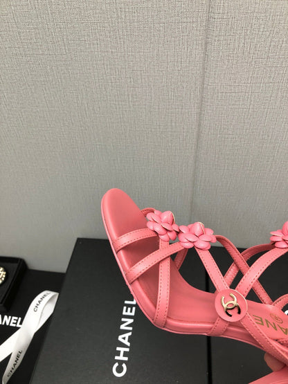 FLORAL HIGH HEEL SANDAL IN DARK PINK LAMBSKIN