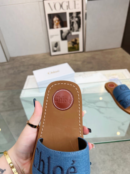 WOODY MULE IN COBALT BLUE DENIM WITH EMBROIDERED LOGO