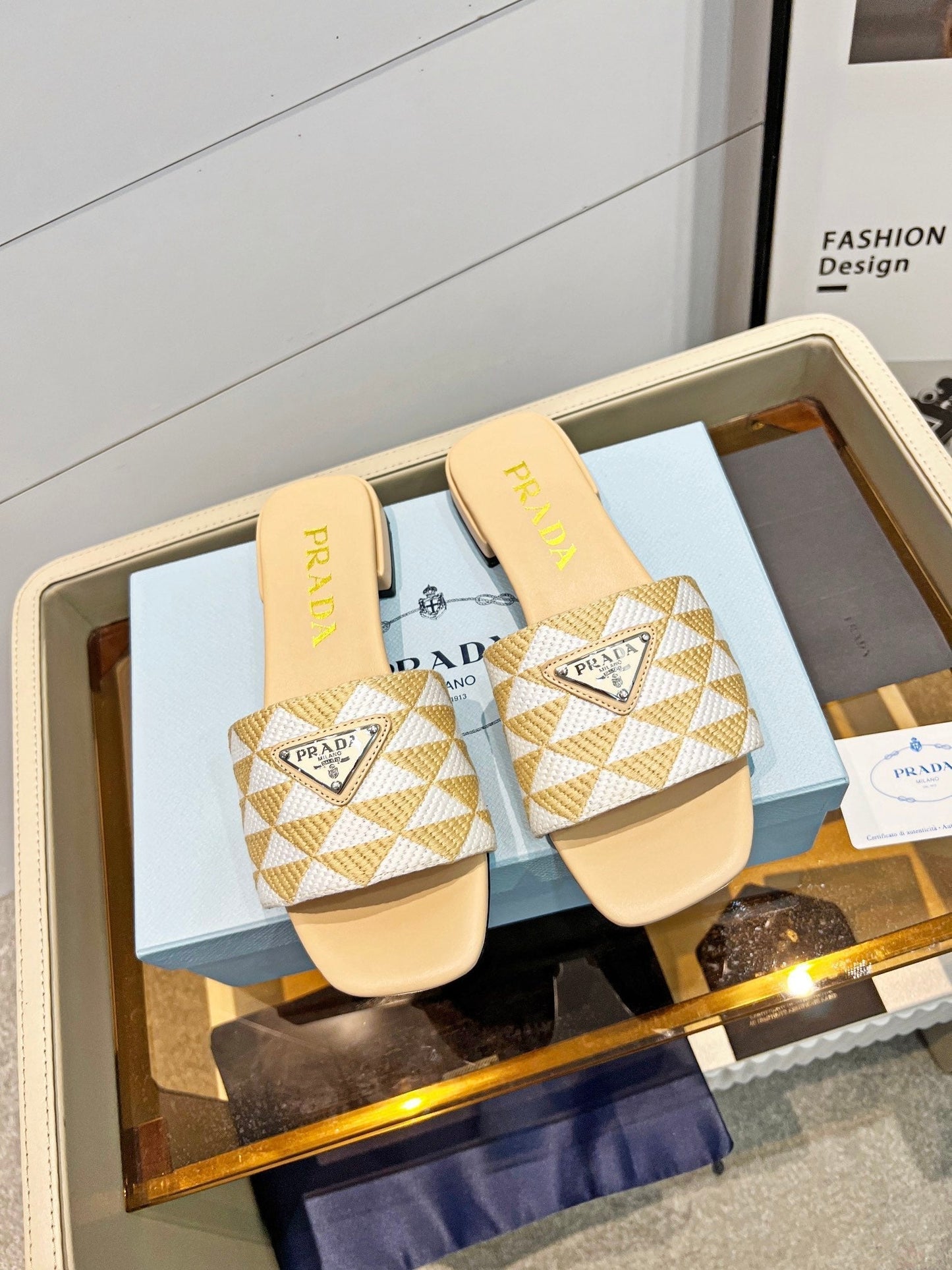 PRA EMBROIDERED SLIDES FLAT BEIGE FABRIC