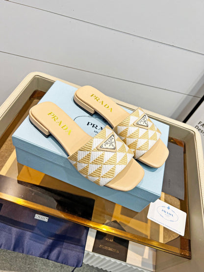PRA EMBROIDERED SLIDES FLAT BEIGE FABRIC