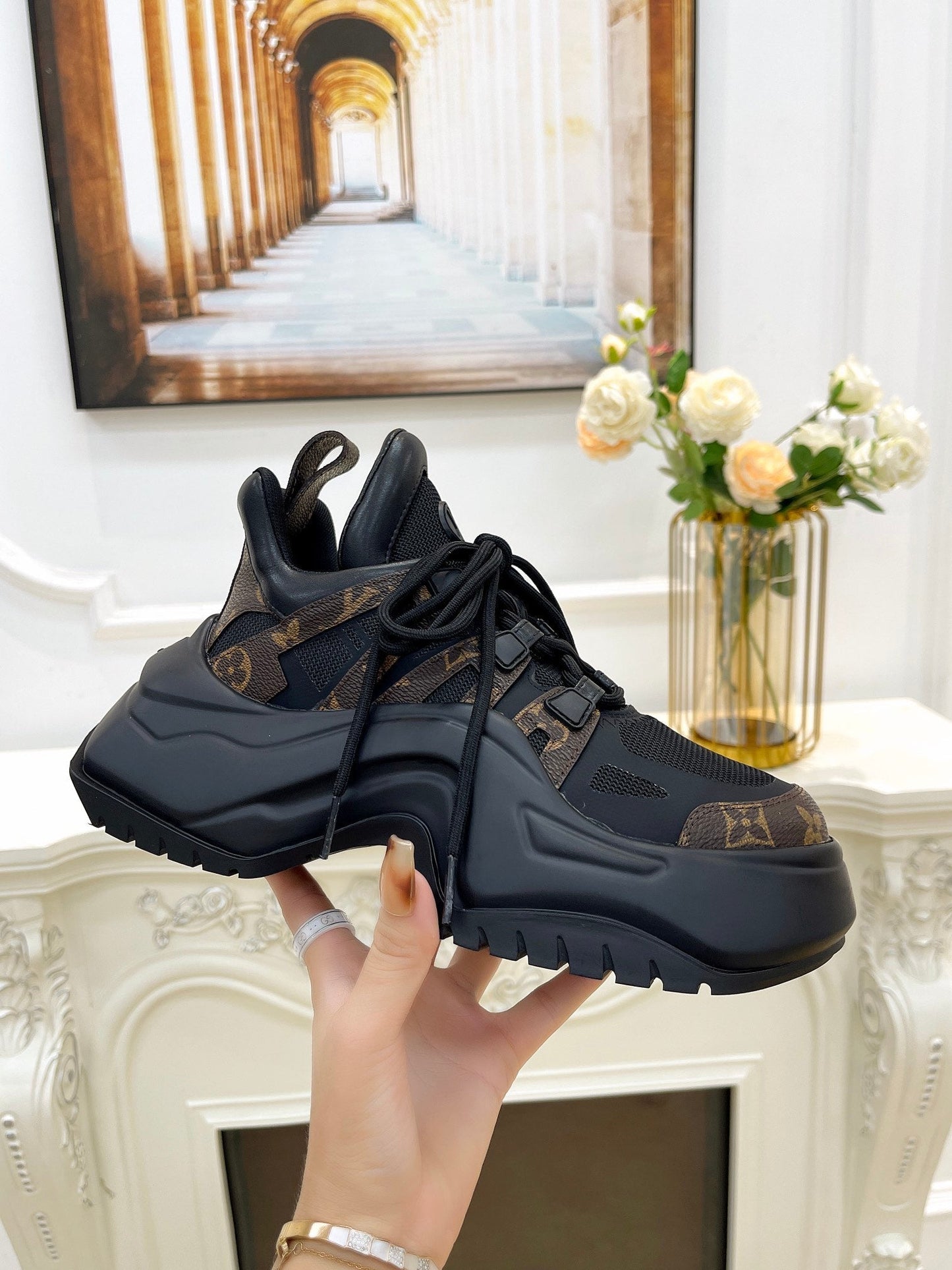 LV ARCHLIGHT 2.0 PLATFORM SNEAKER IN BLACK MIX CHOCOLATE BROWN MIX OF MATERIALS