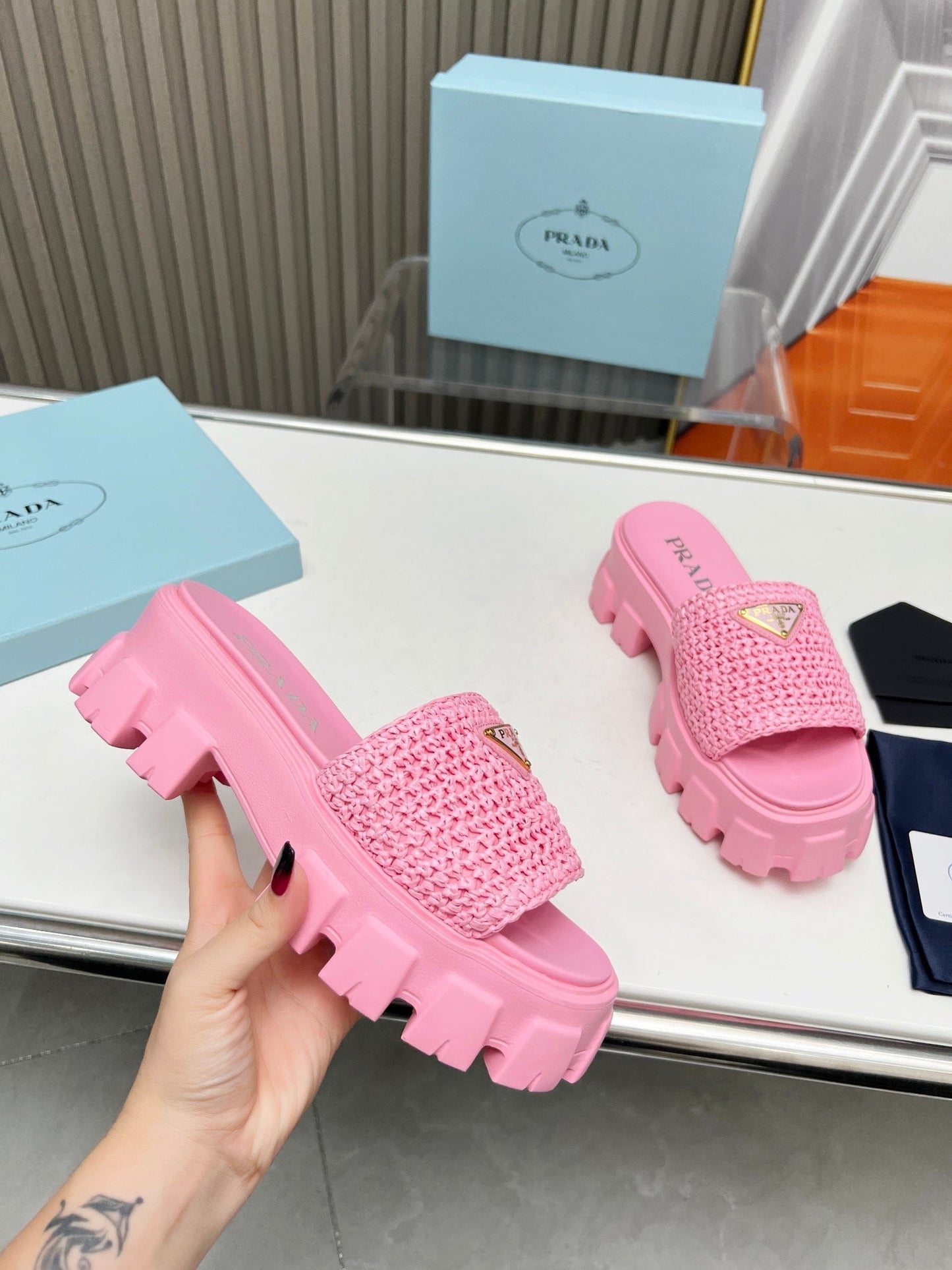 PRA THICK-SOLED CROCHET SANDALS PINK WOVEN FABRIC