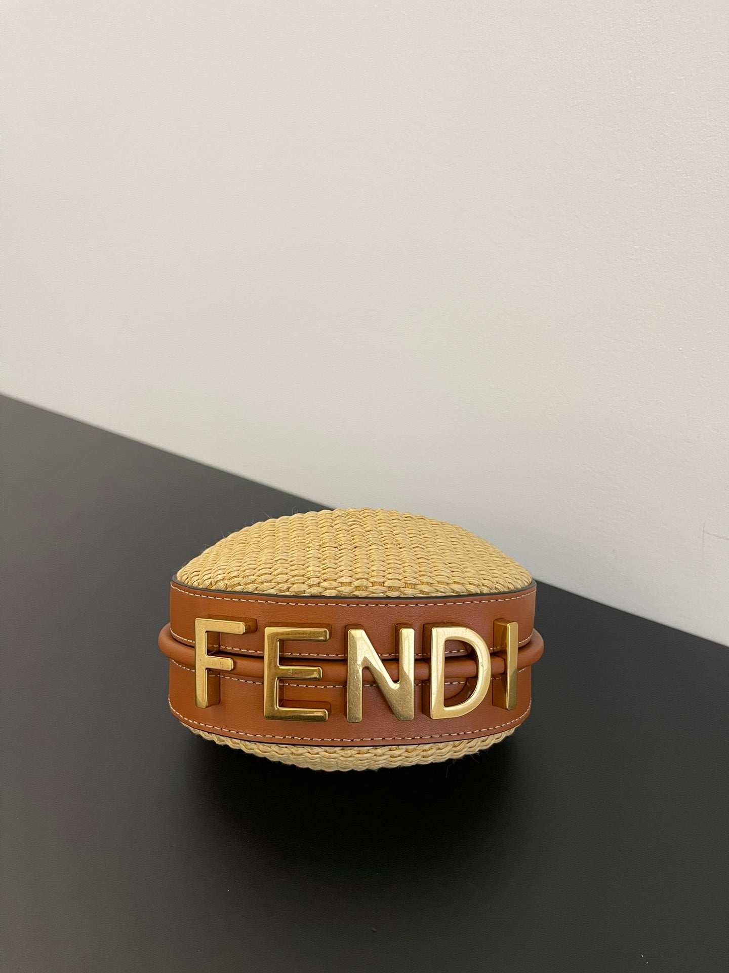 FENDIGRAPHY MINI 16 IN BEIGE STRAW AND BROWN CALFSKIN TRIM GOLD HARDWARE
