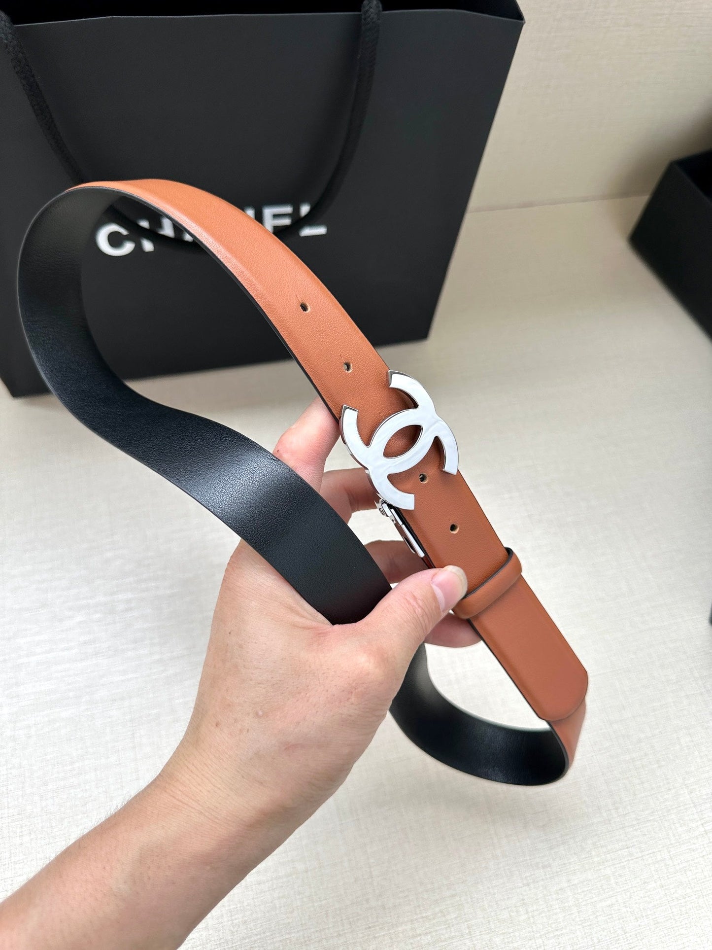 CC 30MM BELT IN BRONZE BROWN AND BLACK CALFSKIN WITH SILVER HARDWARE