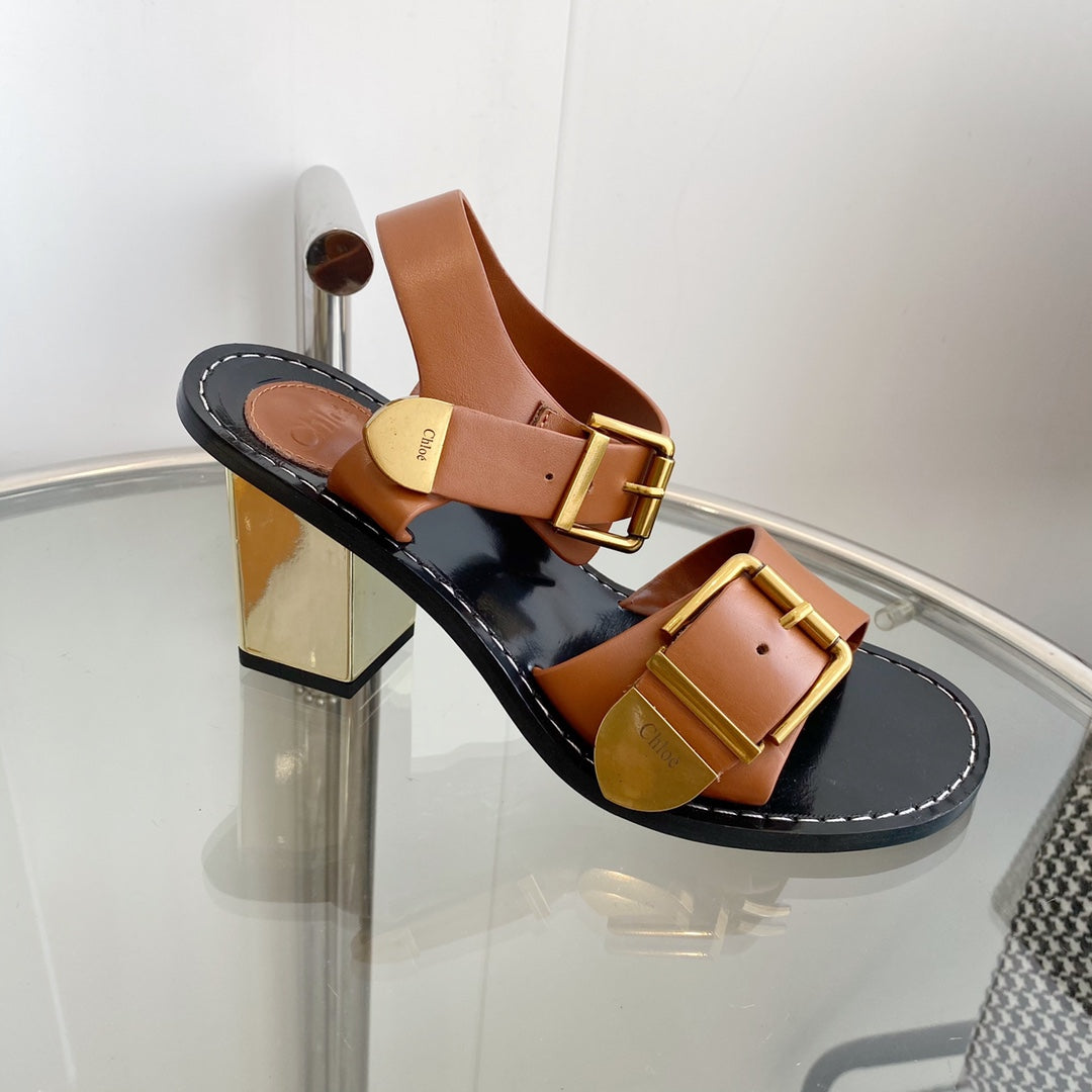 REBECCA LOW HEELED SANDAL IN CINNAMON BROWN LAMBSKIN GOLD HARDWARE