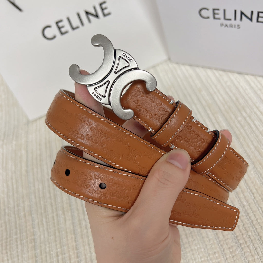 Medium Triomphe Belt 25mm Tan Calfskin White Line Finishing Silver Finishing