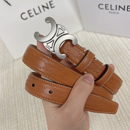 Medium Triomphe Belt 25mm Tan Calfskin White Line Finishing Silver Finishing