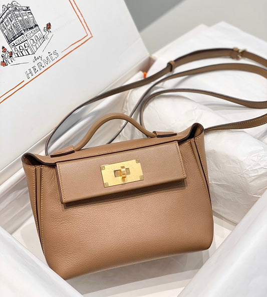 MINI 24/24 21CM IN BEIGE MARFA EVERCOLOR CALFSKIN GOLD KELLY BUCKLE