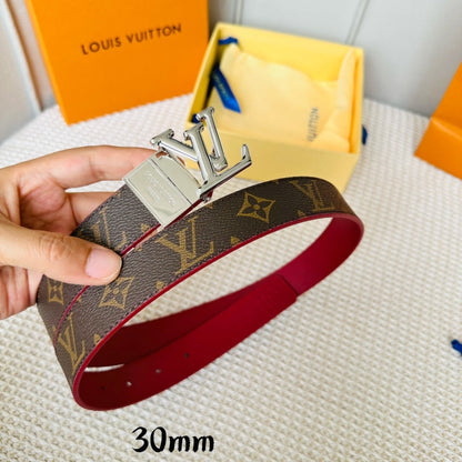 LV Initiales 30mm Reversible Belt Silver Rotating Buckle Burgundy Brown Leather