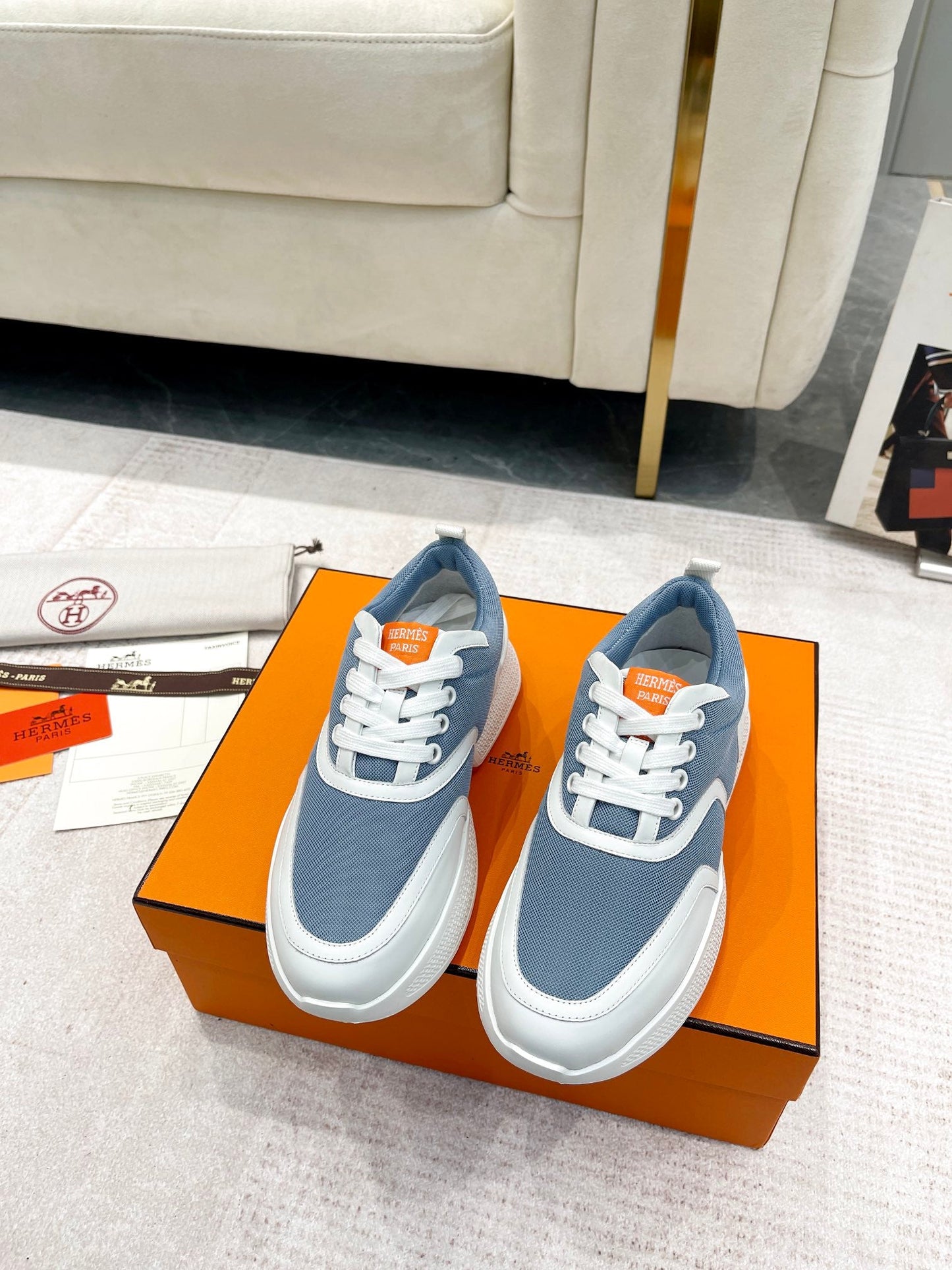 GIGA SNEAKER IN AEGEAN BLUE STITCHED MESH AND WHITE CALFSKIN
