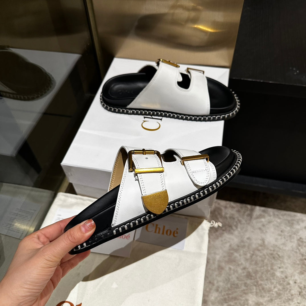 DAD SANDALS IN WHITE CALFSKIN WITH GOLD HARDWARE